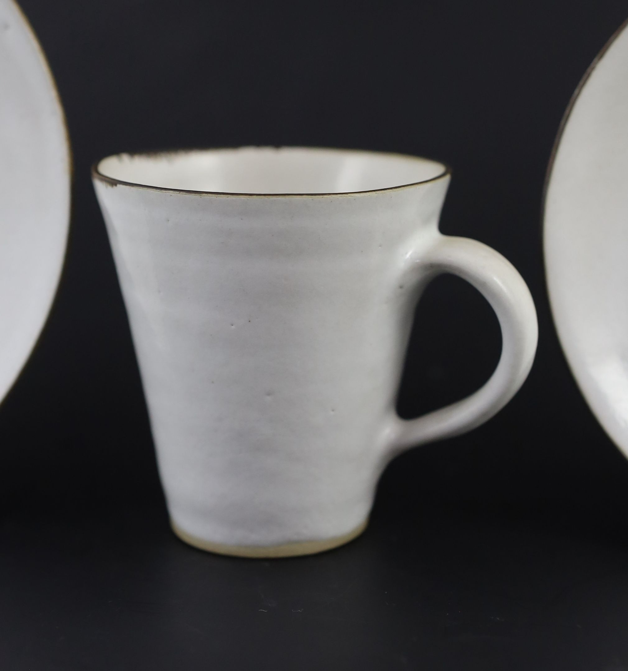 Dame Lucie Rie (1902-1995) a cup, saucer and side plate, c.1959, Cup 8.1 cm high
